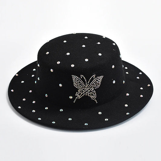 Rhinestone Butterfly Flat Top Fashion Dress Hat - SHExFAB