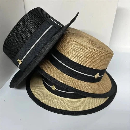 Ribbon Flat Top Boater Travel Sun Hat - SHExFAB