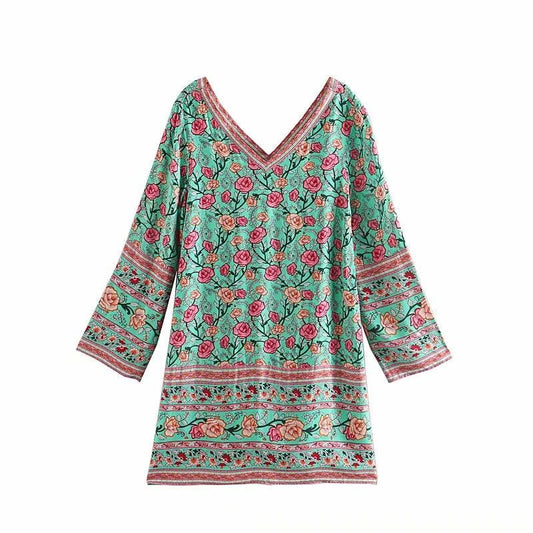 Rose Flower Print Long Sleeve Short Boho Dress - SHExFAB