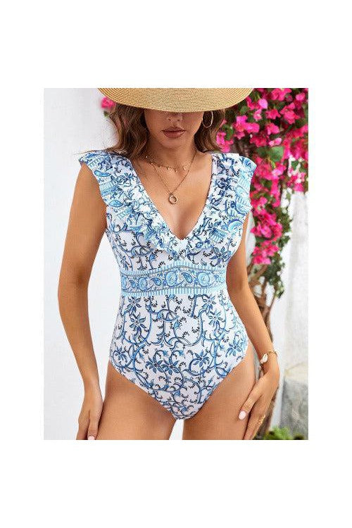 Ruffle Blue Floral Swimsuit