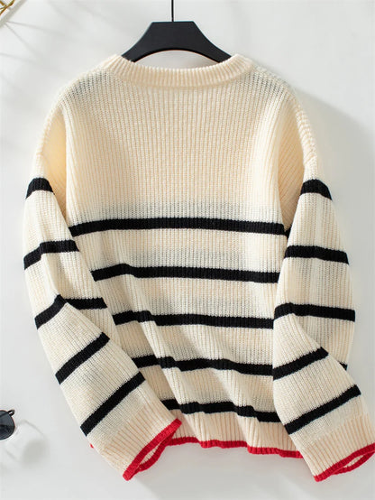 Casual Round Neck Knitted Striped Pullover Sweater