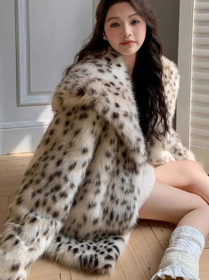 Lapel Open Stitch Faux Fur Leopard Print Coat