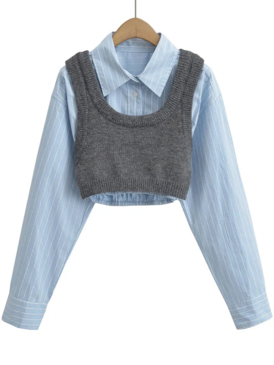 Elastic Striped Cropped Shirt with Rib Knitted Sweater Vest Outfit Set