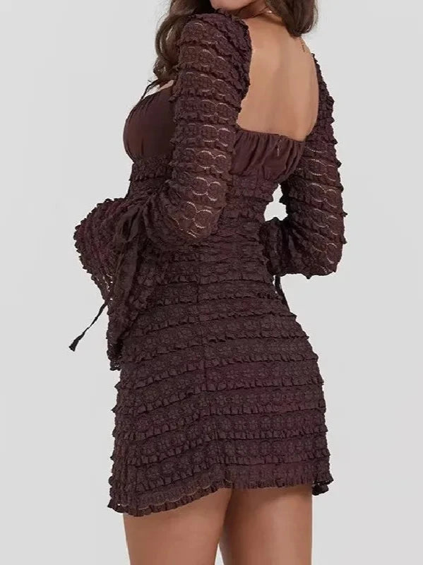 Square Collar Lace Layered Long Flare Sleeve Dress