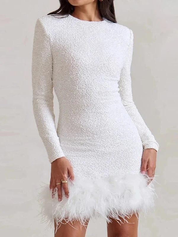 Glitter Sequin Long Sleeve Mini Dress with Faux Fur Hem