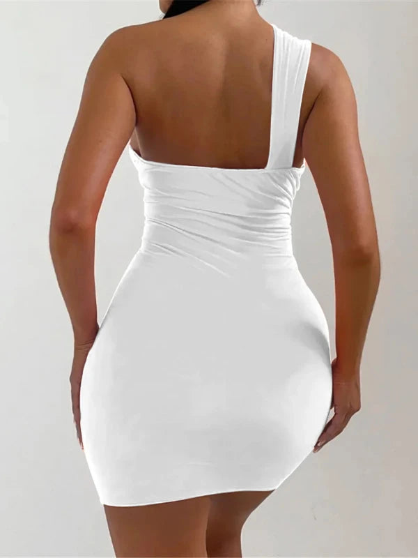 Cut Out One Shoulder Ruched Mini White Bodycon Party Dress