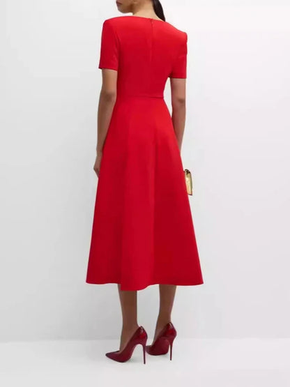 Square Collar Short Sleeve Red A-Line Formal Dress with Pockets