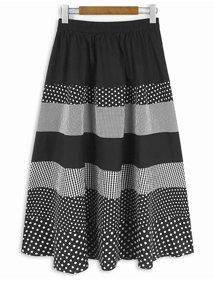 High Elastic Waist Black Dot Striped Midi Dress