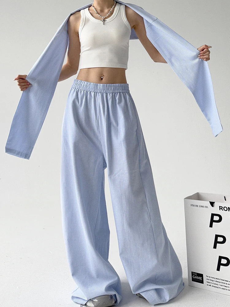 Elastic Waist Removable Wrap Blue Striped Wide-Leg Pants