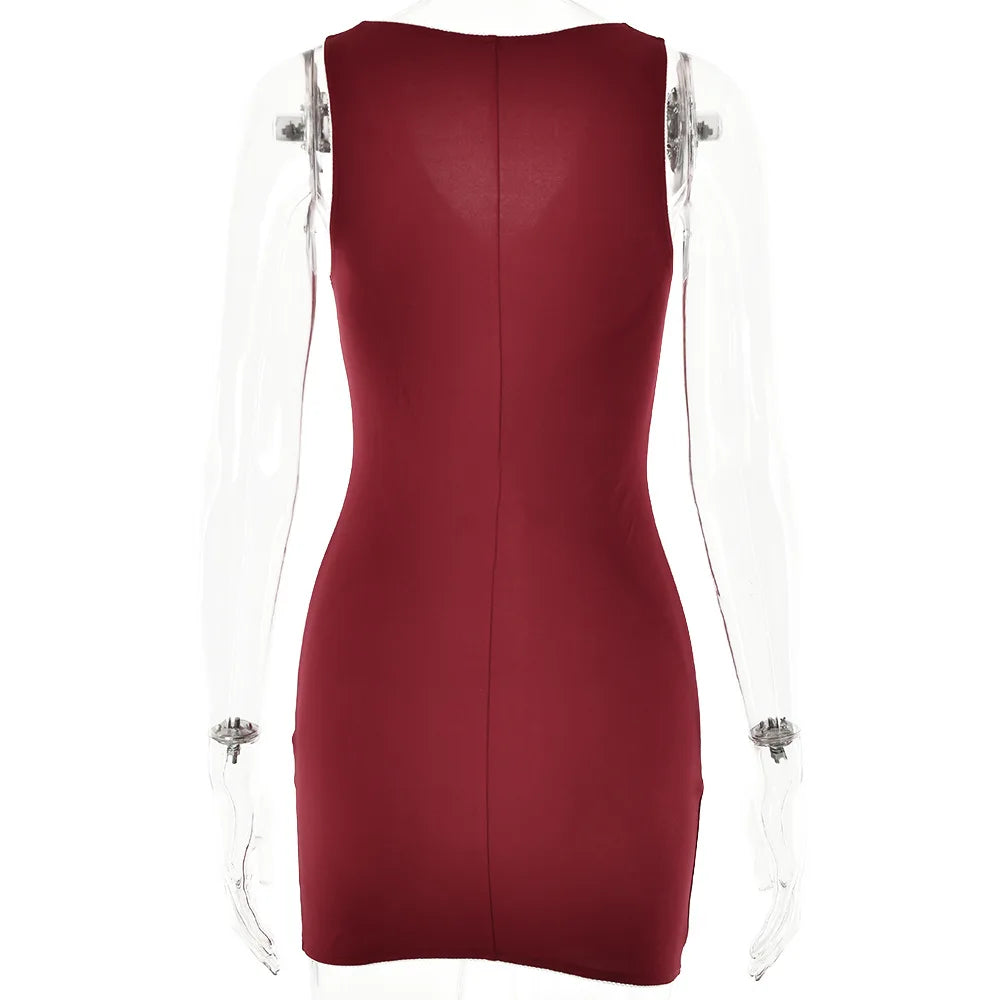 Wine Red V-Neck Bow Mini Bodycon Party Dress