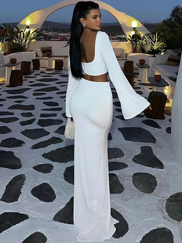 Flare Sleeve Crop Top and High Slit Skirt Matching Set