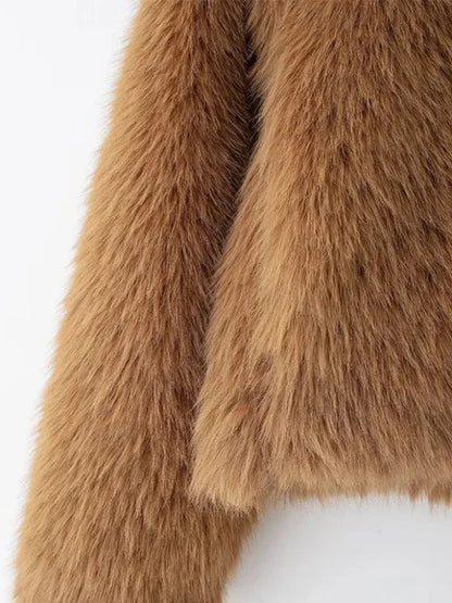 Turn-Down Collar Zipper Short Brown Faux Fur Coat