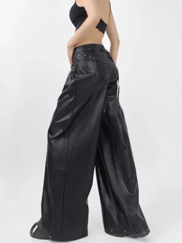 Retro Rivet Faux Leather Wide-Leg Trousers With Belt