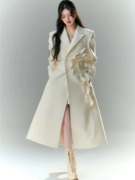 Notched Collar Empire Waist Flower Applique Long Wool Blend Coat