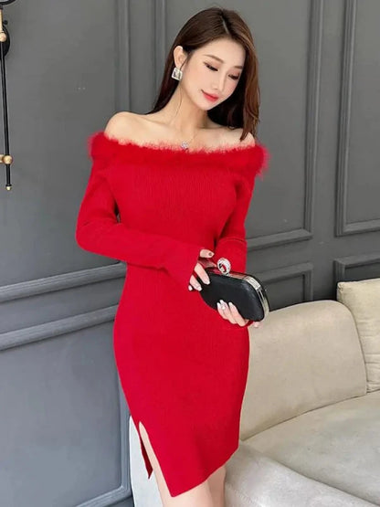 Feather Neck Knitted Slit Mini Bodycon Black Dress