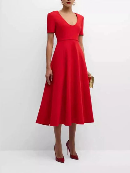 Square Collar Short Sleeve Red A-Line Formal Dress with Pockets