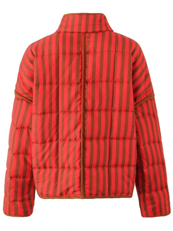 Orange Red Stand Collar Striped Print Quilted Coat with Pockets