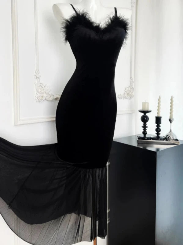 Feather Neck Mesh Black Velvet Bodycon Fishtail Dress