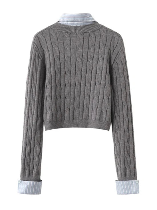 Grey Striped Patchwork Light Gray Cropped Cardigan