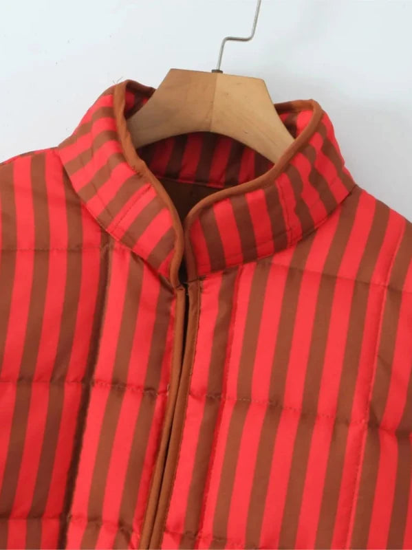 Orange Red Stand Collar Striped Print Quilted Coat with Pockets