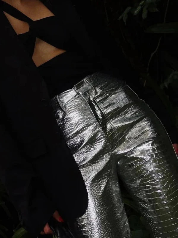 High Waist Shiny Silver PU Leather Long Straight Pants