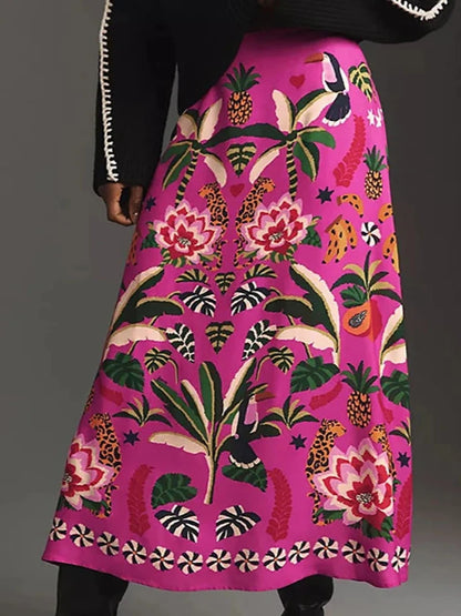 High Waist Tropical Floral Pattern Side Zipper Maxi Skirt