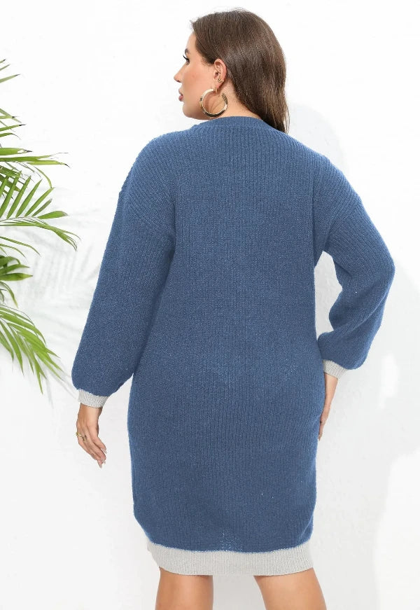 V-Neck Plus Size Long sleeve Knitted Sweater Dress