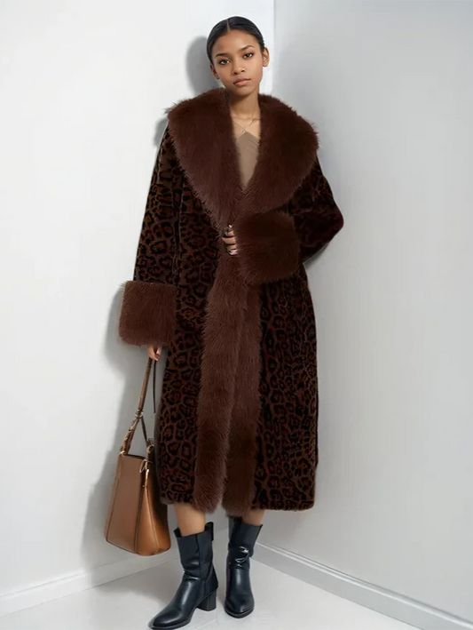 Brown Lapel Leopard Print Long Faux Fur Midi Coat