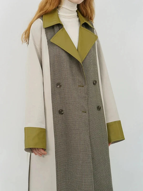 PU Lapel Patchwork Plaid Double Breasted Trench Coat with Belt