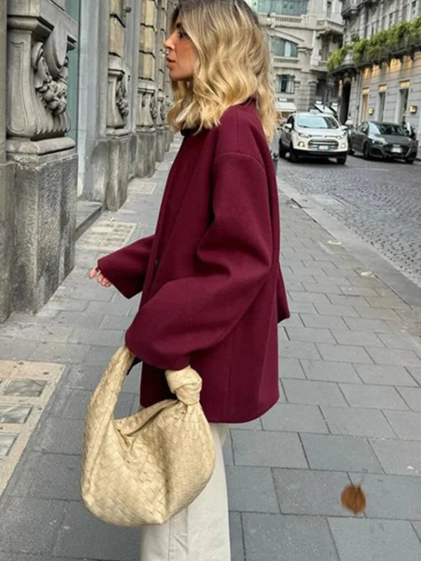 Burgundy Scarf Collar Button Wool Blend Oversized Coat