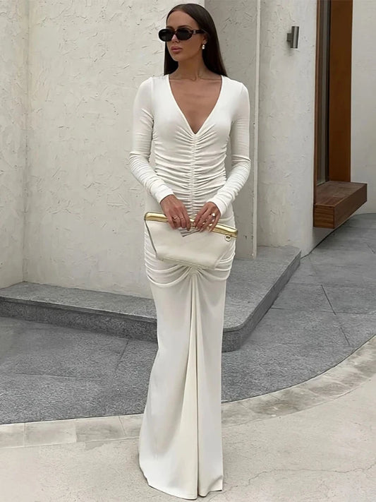 V-Neck Ruched Floor Length White Long Sleeve Dress