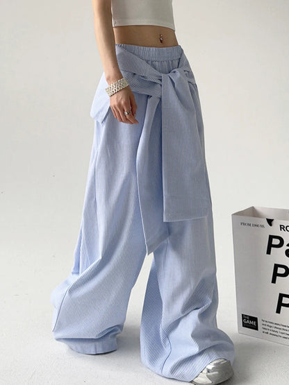 Elastic Waist Removable Wrap Blue Striped Wide-Leg Pants