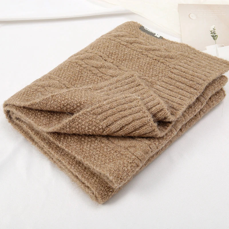 Solid Cable Knit Cashmere Long Wrap Neck Scarf