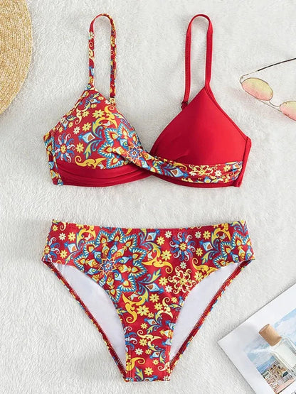 Twisted Front Floral Tie-Up Back Two Piece Bikini Set