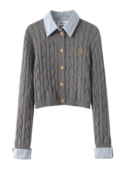 Grey Striped Patchwork Light Gray Cropped Cardigan