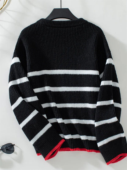 Casual Round Neck Knitted Striped Pullover Sweater