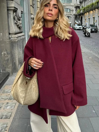 Burgundy Scarf Collar Button Wool Blend Oversized Coat