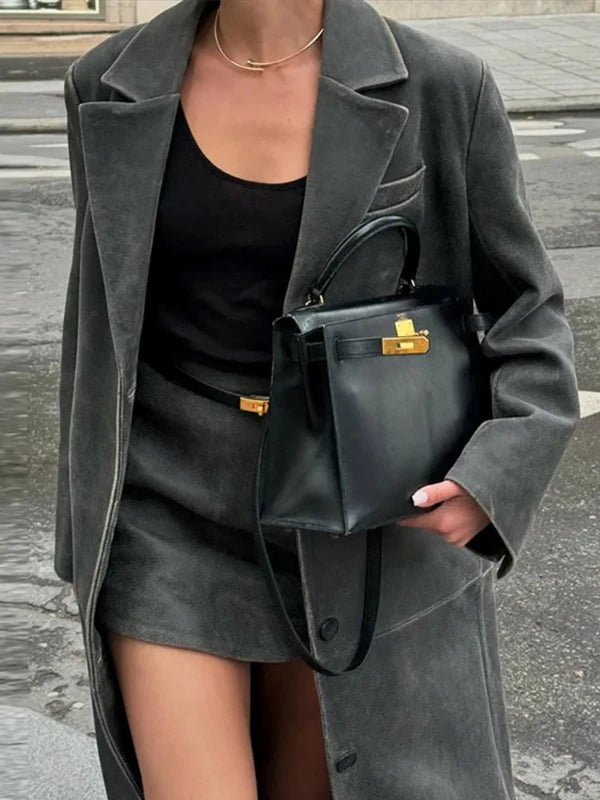 Grey Button-Up Washed Faux Leather Trench Coat