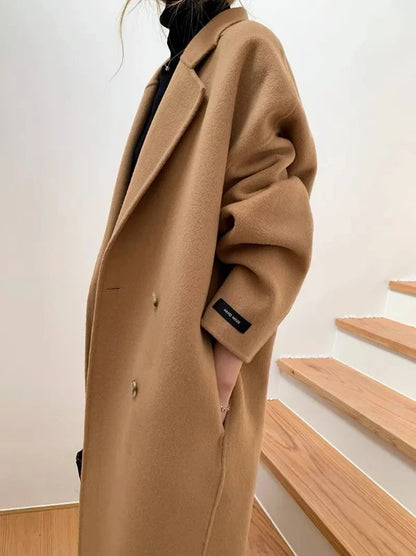 Lapel Pocket Long Double Faced Wool Cashmere Coat