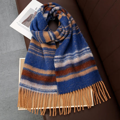 Striped Cashmere Long Wrap Winter Scarf with Tassel