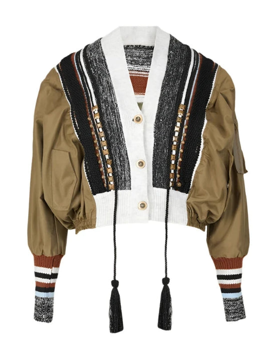 V-Neck Rivet Patchwork Tassel Zipper Sleeve Short Cardigan