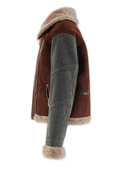 Patchwork Side Zip-Up Short Thick Wool Lined Denim Jacket