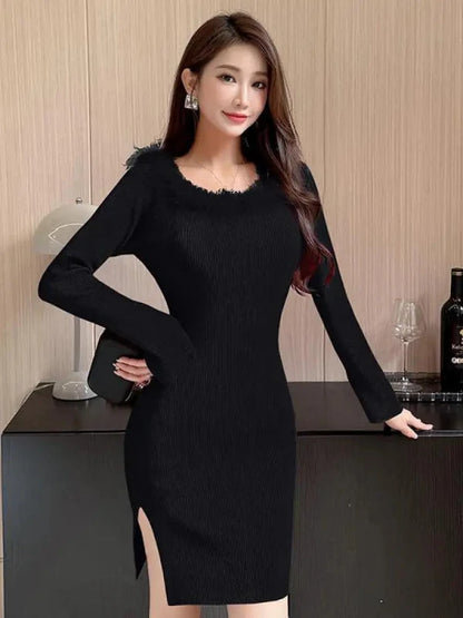 Feather Neck Knitted Slit Mini Bodycon Black Dress