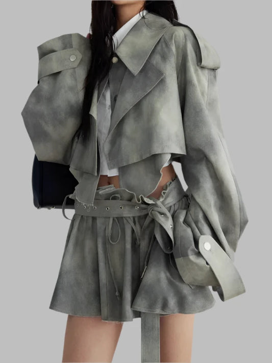 Camouflage Patchwork Short Faux Leather Matching Jacket and Skirt Set