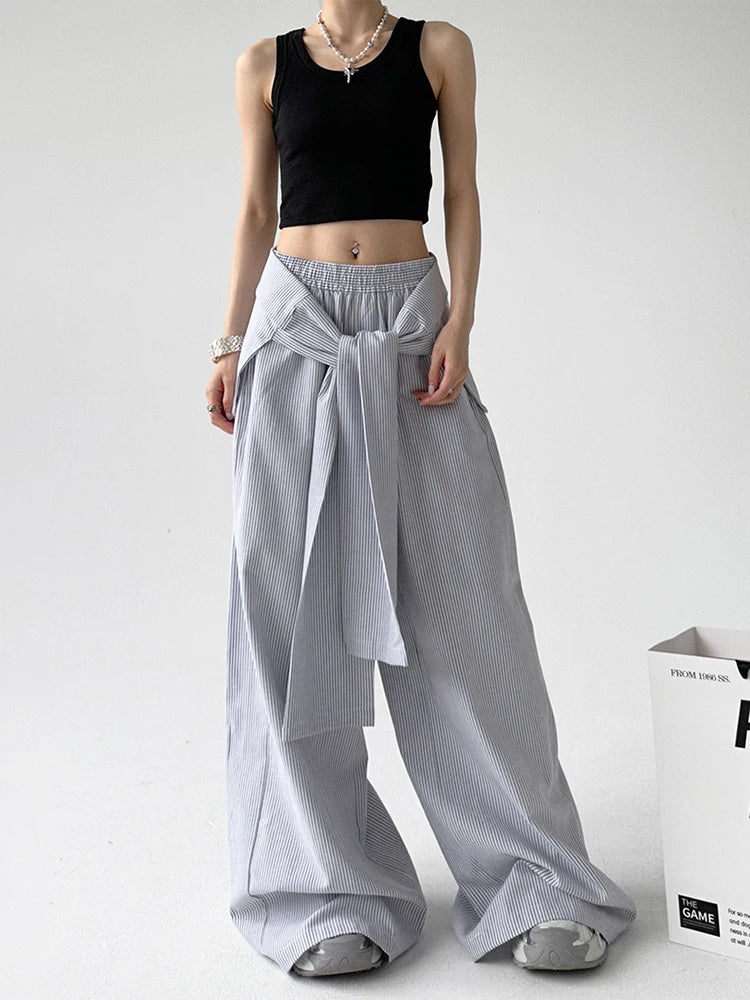 Elastic Waist Removable Wrap Blue Striped Wide-Leg Pants