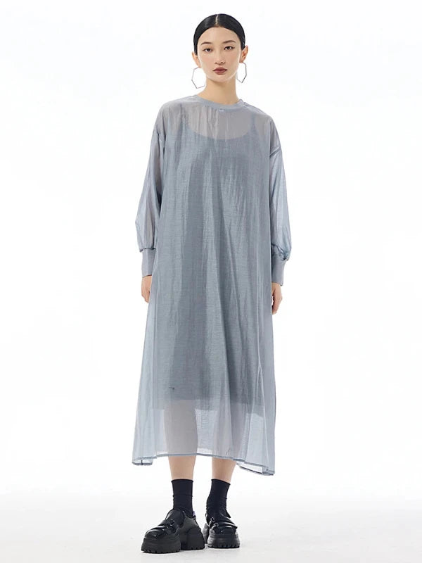 Reversible Buttons Shirt Sleeve Mesh Sheer Maxi Dress