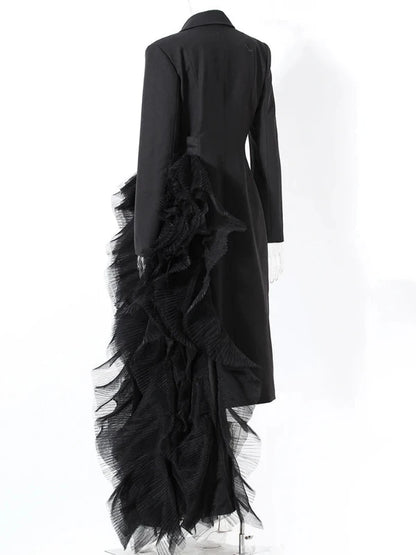 Fluffy Mesh Draped Webbing Belt Long Dress Black Blazer