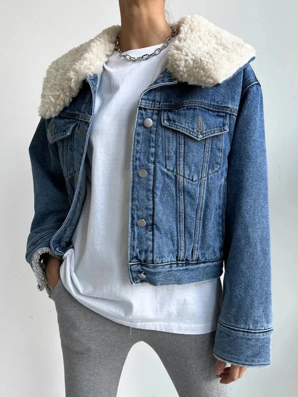 Thick Wool Collar Thick Warm Short Denim Coat Jacket