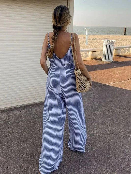 V-Neck Spaghetti Strap Wide Leg One Piece Striped Jumpsuit