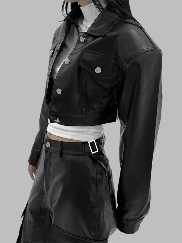 Shoulder Pad Short Button PU Leather Jacket